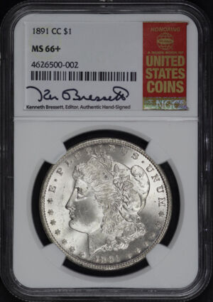 Obverse of this 1891-CC Morgan Dollar NGC MS-66+ Kenneth Bressett Signature Whitman Red Book Label