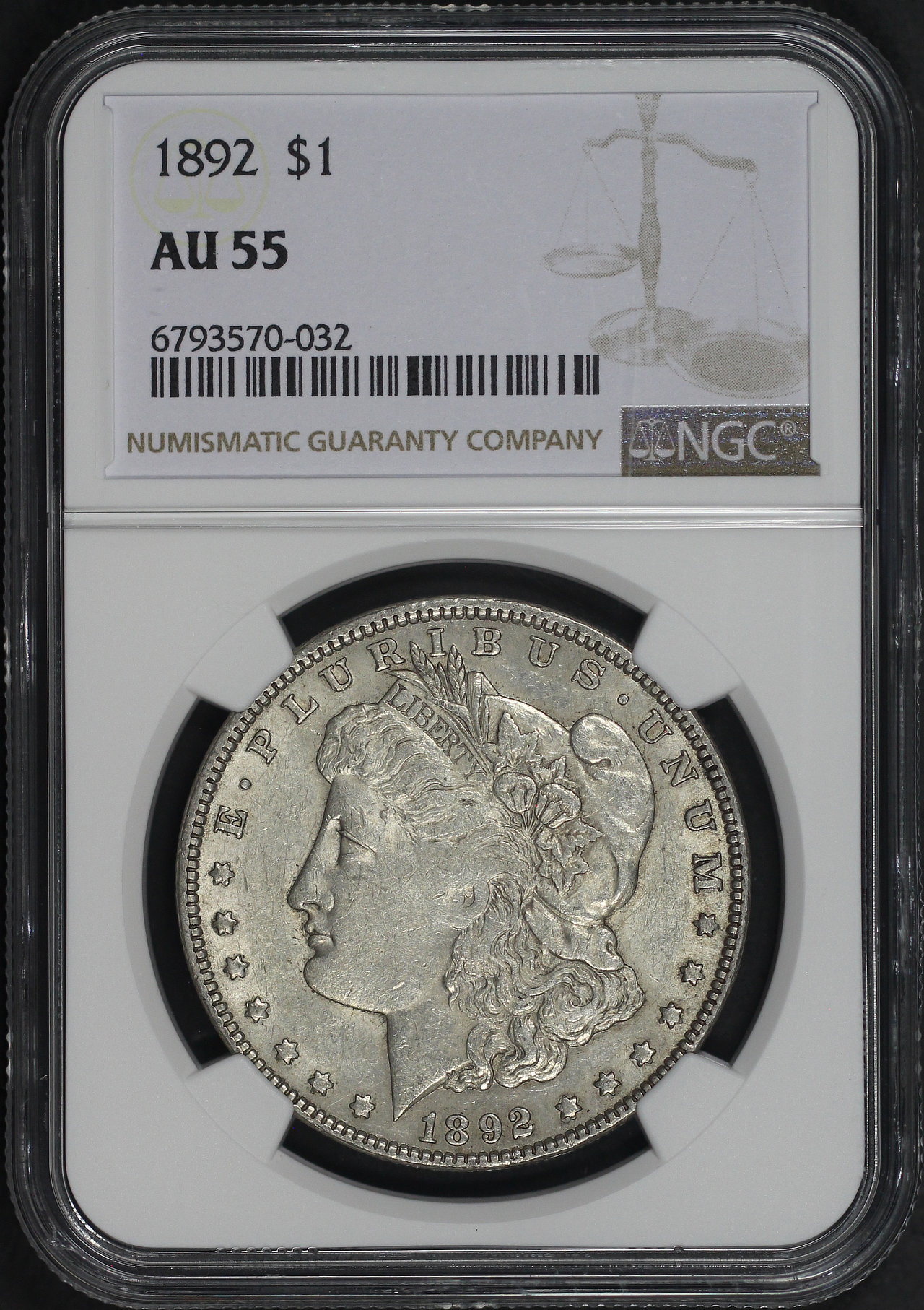 Obverse of this 1892 Morgan Dollar NGC AU-55