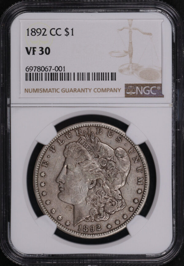 Obverse of this 1892-CC Morgan Dollar NGC VF-30