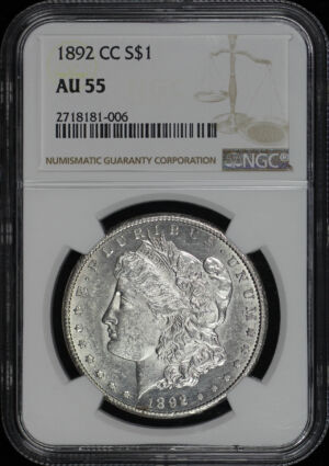 Obverse of this 1892-CC Morgan Dollar NGC AU-55
