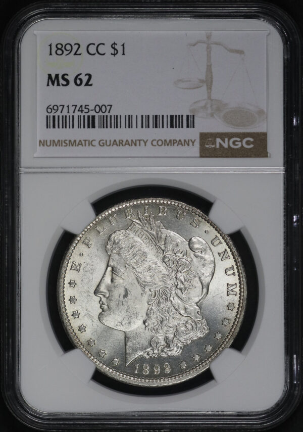 Obverse of this 1892-CC Morgan Dollar NGC MS-62