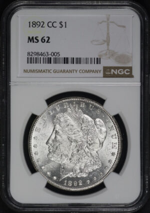 Obverse of this 1892-CC Morgan Dollar NGC MS-62