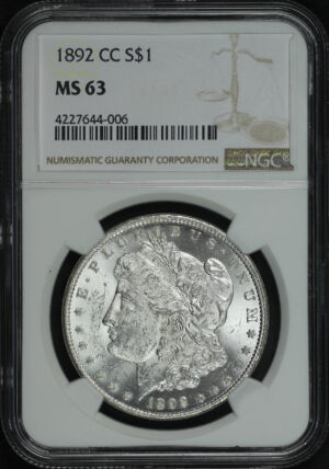 Obverse of this 1892-CC Morgan Dollar NGC MS-63