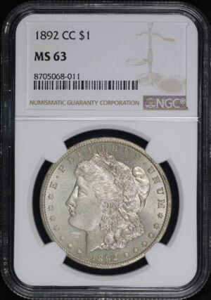Obverse of this 1892-CC Morgan Dollar NGC MS-63