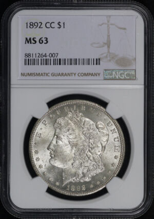 Obverse of this 1892-CC Morgan Dollar NGC MS-63