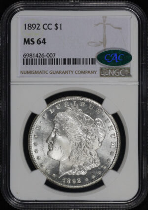 Obverse of this 1892-CC Morgan Dollar NGC MS-64 CAC