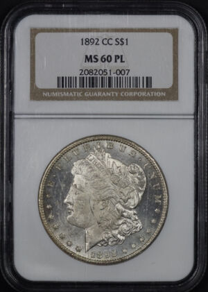 Obverse of this 1892-CC Morgan Dollar NGC MS-60 PL