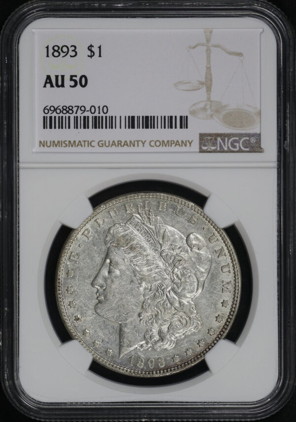 Obverse of this 1893 Morgan Dollar NGC AU-50