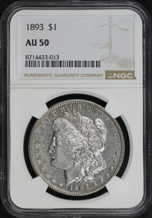 Obverse of this 1893 Morgan Dollar NGC AU-50