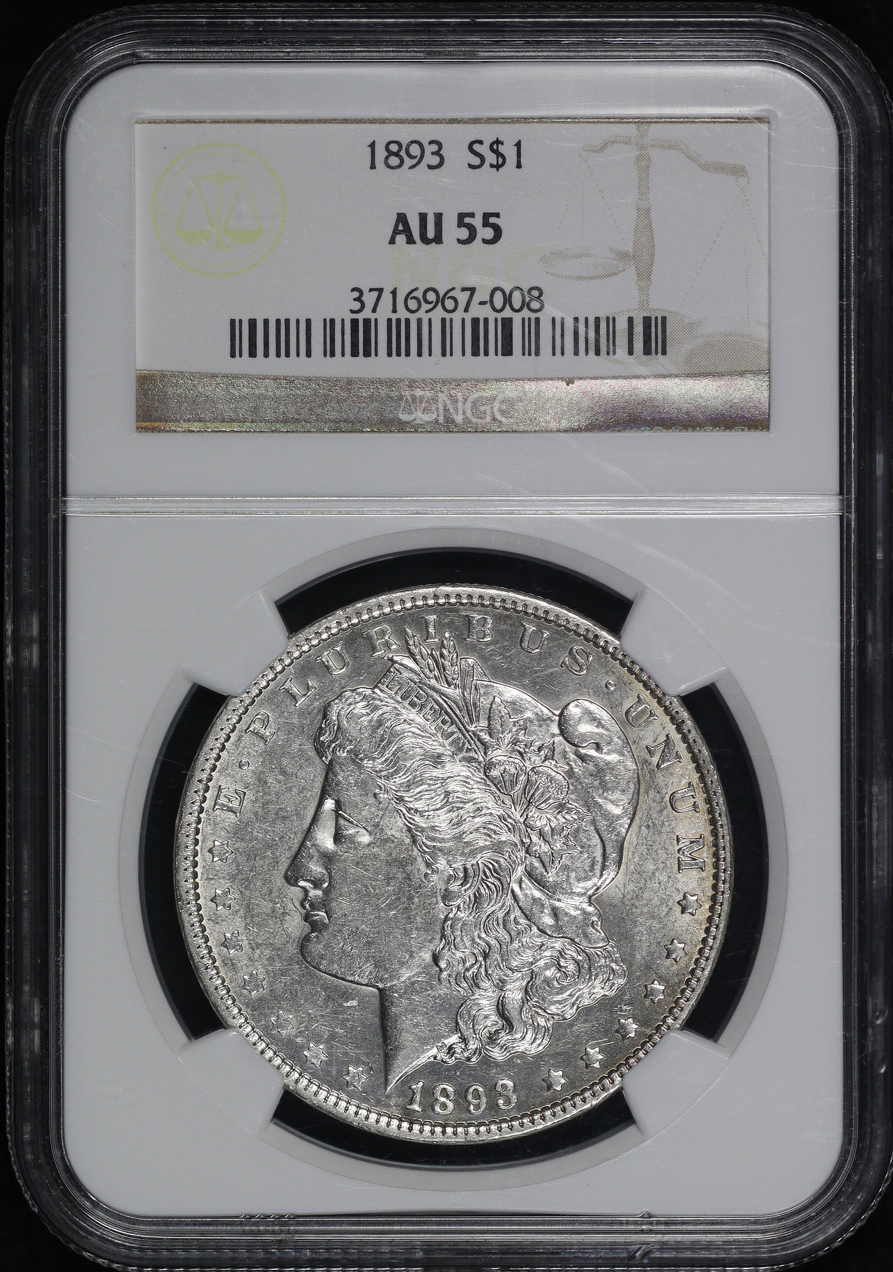 Obverse of this 1893 Morgan Dollar NGC AU-55