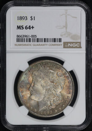 Obverse of this 1893 Morgan Dollar NGC MS-64+ Smoky Blue & Sunset Hue Toning