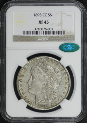 Obverse of this 1893-CC Morgan Dollar NGC XF-45 CAC