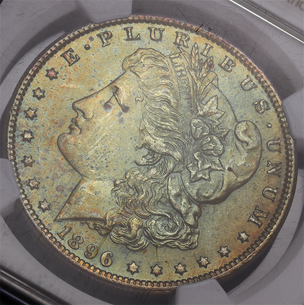Gallery image of this 1896 Morgan Dollar NGC MS-64 Mango Obverse Toning