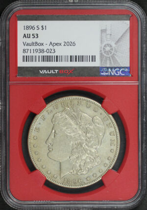 Obverse of this 1896-S Morgan Dollar NGC AU-53 VaultBox – Apex 2026