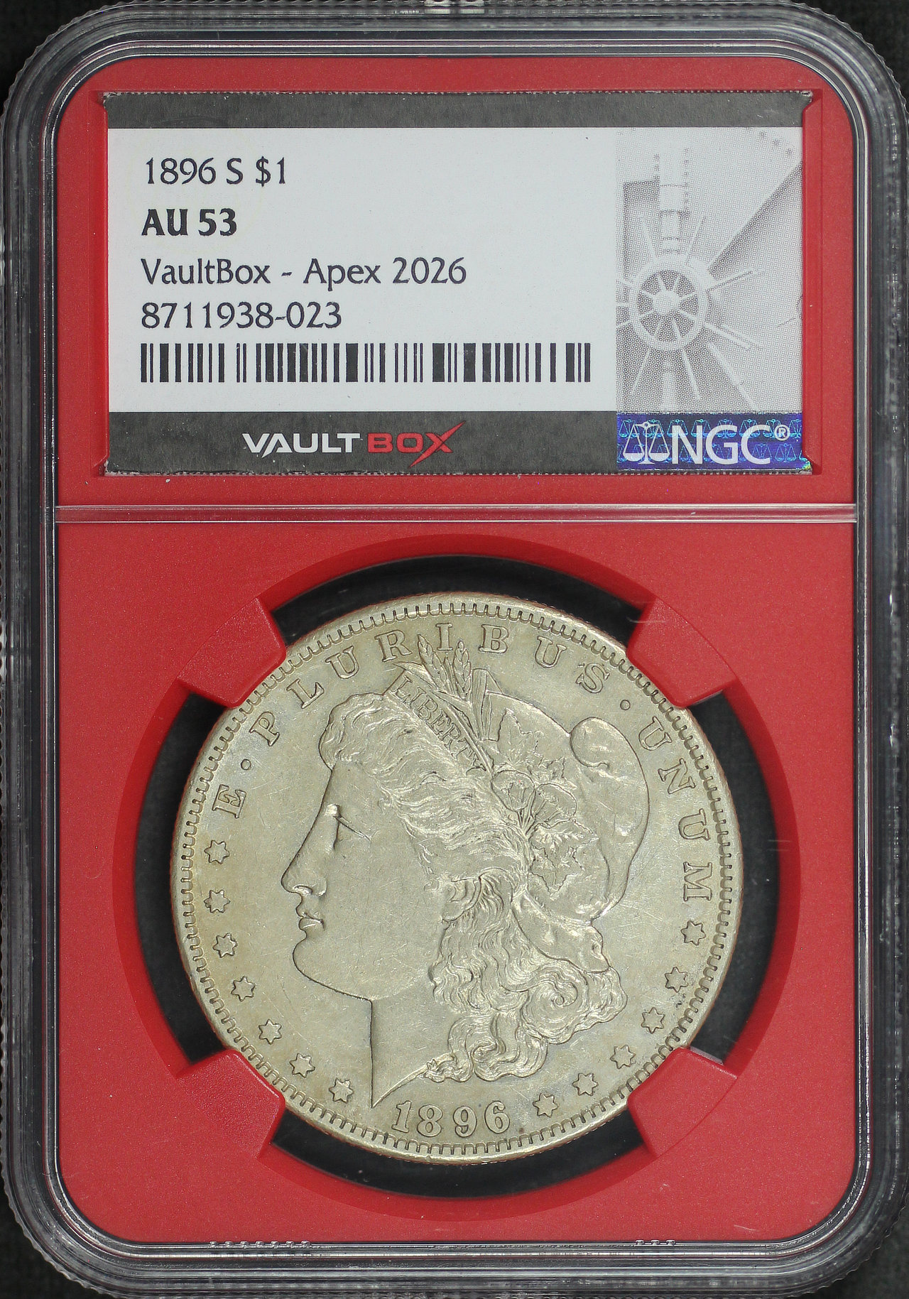 Obverse of this 1896-S Morgan Dollar NGC AU-53 VaultBox – Apex 2026