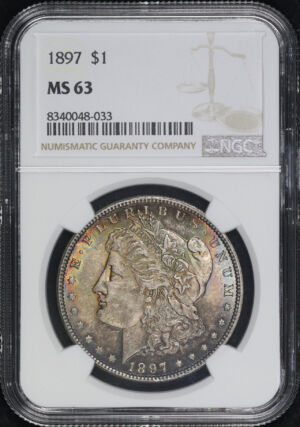 Obverse of this 1897 Morgan Dollar NGC MS-63 – Smoky Blue & Crimson Hue Toning! 