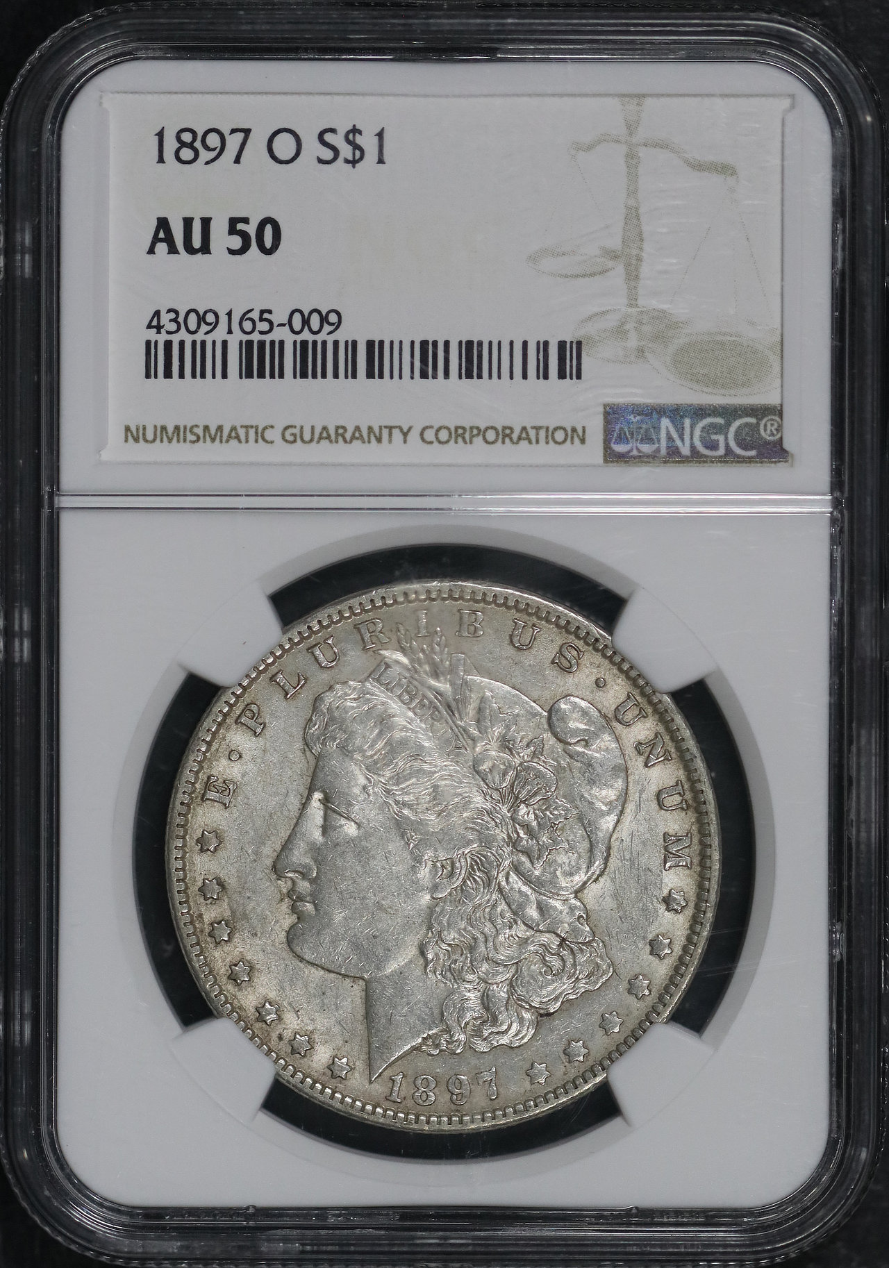 Obverse of this 1897-O Morgan Dollar NGC AU-50