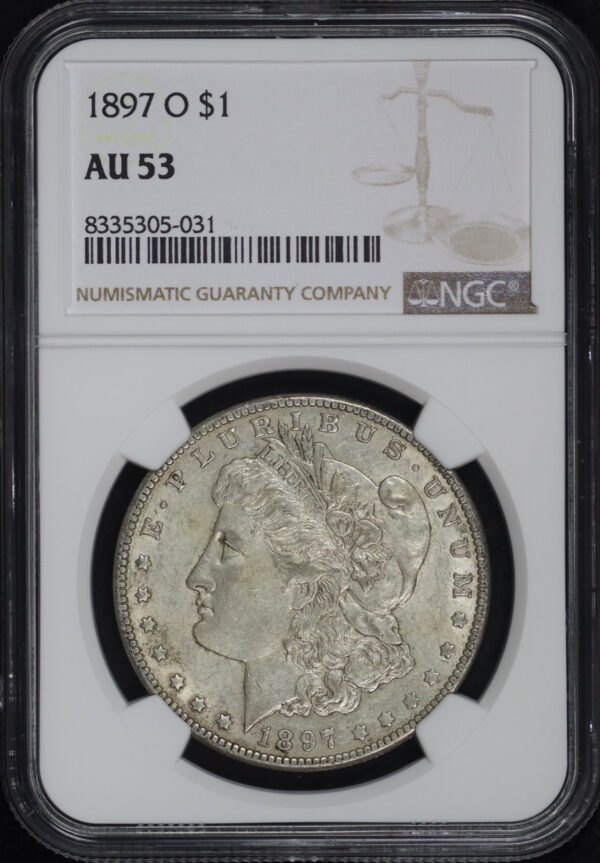 Obverse of this 1897-O Morgan Dollar NGC AU-53