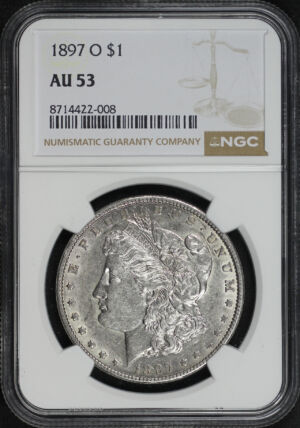 Obverse of this 1897-O Morgan Dollar NGC AU-53