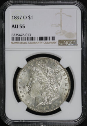 Obverse of this 1897-O Morgan Dollar NGC AU-55