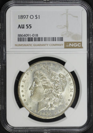 Obverse of this 1897-O Morgan Dollar NGC AU-55