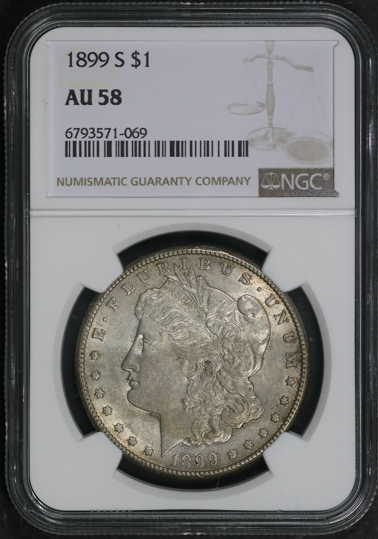 Obverse of this 1899-S Morgan Dollar NGC AU-58