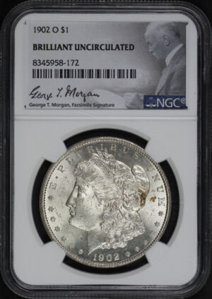 Obverse of this 1902-O Morgan Dollar NGC Brilliant Uncirculated George T. Morgan Label 