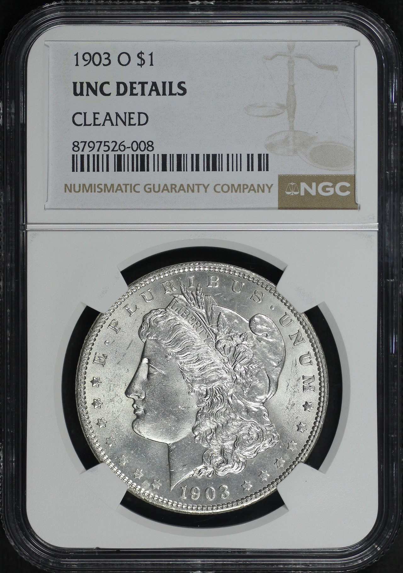 Obverse of this 1903-O Morgan Dollar NGC UNC Details Cleaned