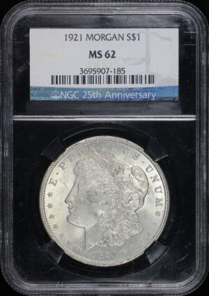Obverse of this 1921 Morgan Dollar NGC MS-62 25th Anniversary Black Core Holder