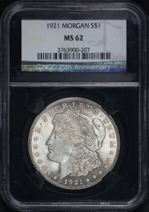 Obverse of this 1921 Morgan Dollar NGC MS-62 Retro 25th Anniversary Black Core Holder