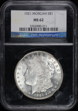 Obverse of this 1921 Morgan Dollar NGC MS-62 25th Anniversary Black Core