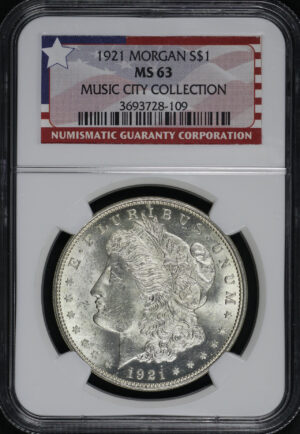 Obverse of this 1921 Morgan Dollar NGC MS-63 MUSIC CITY COLLECTION