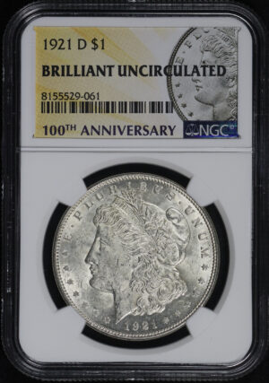 Obverse of this 1921-D Morgan Dollar NGC Brilliant Uncirculated 100th Anniversary Label