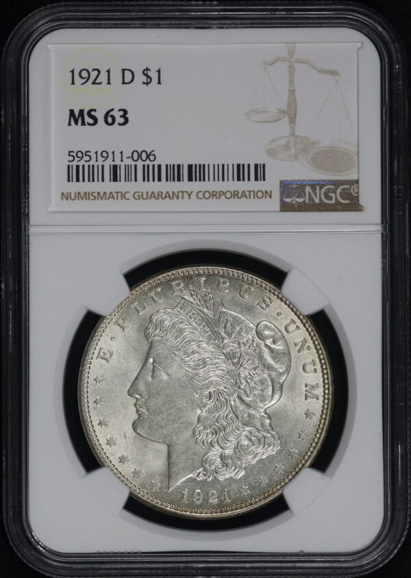 Obverse of this 1921-D Morgan Dollar NGC MS-63