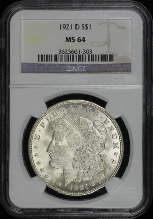 Obverse of this 1921-D Morgan Dollar NGC MS-64