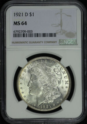 Obverse of this 1921-D Morgan Dollar NGC MS-64
