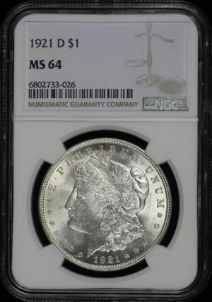 Obverse of this 1921-D Morgan Dollar NGC MS-64