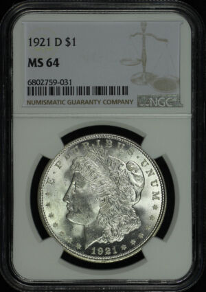 Obverse of this 1921-D Morgan Dollar NGC MS-64