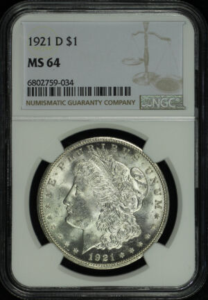 Obverse of this 1921-D Morgan Dollar NGC MS-64