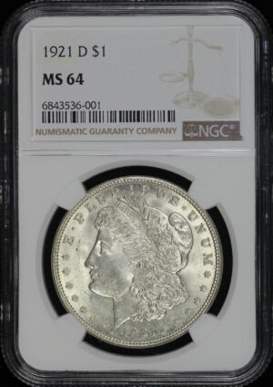 Obverse of this 1921-D Morgan Dollar NGC MS-64