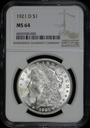Obverse of this 1921-D Morgan Dollar NGC MS-64