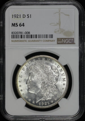 Obverse of this 1921-D Morgan Dollar NGC MS-64