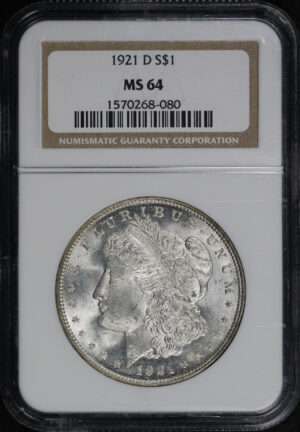 Obverse of this 1921-D Morgan Dollar NGC MS-64