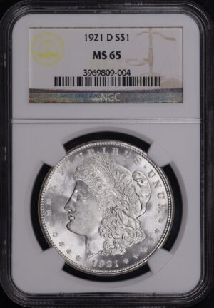 Obverse of this 1921-D Morgan Dollar NGC MS-65