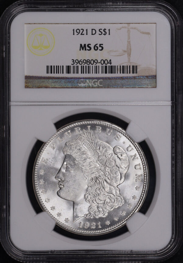 Obverse of this 1921-D Morgan Dollar NGC MS-65