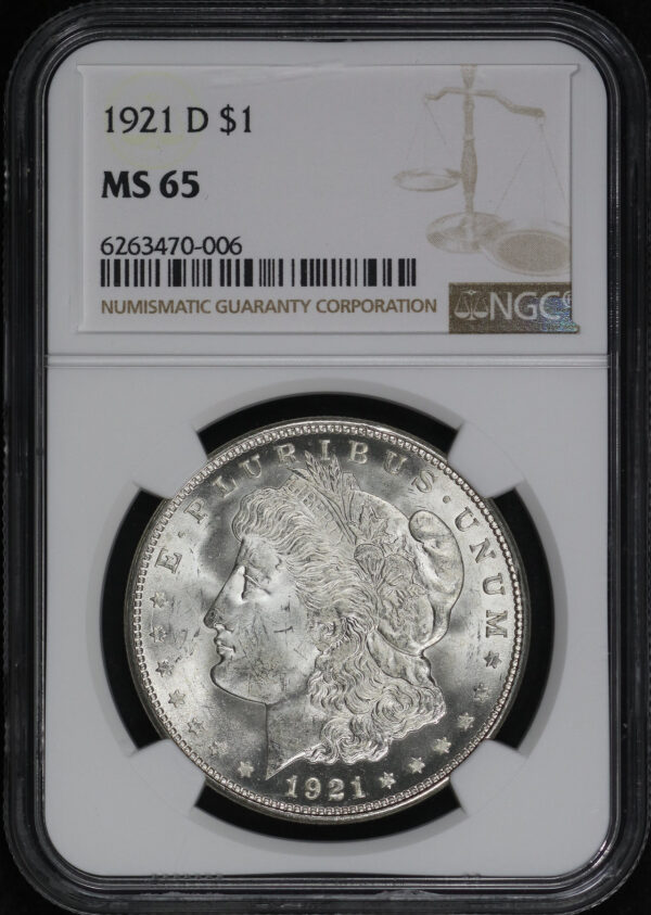 Obverse of this 1921-D Morgan Dollar NGC MS-65