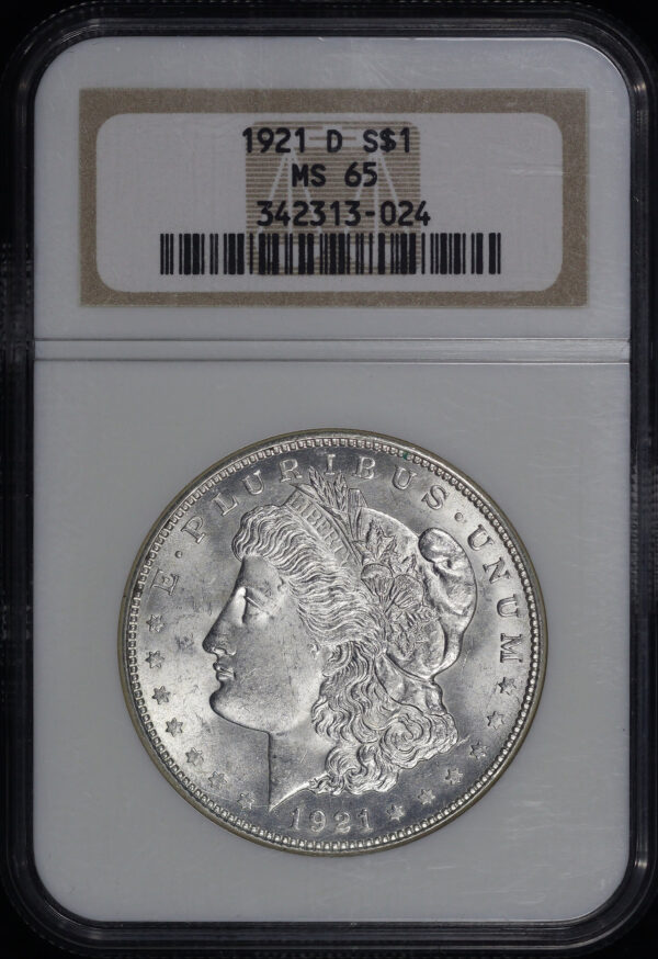 Obverse of this 1921-D Morgan Dollar NGC MS-65