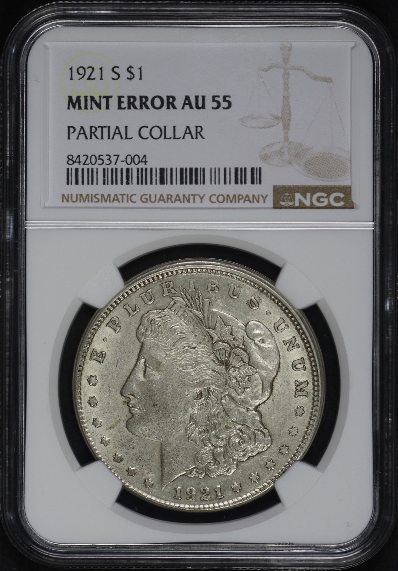 Obverse of this 1921-S Morgan Dollar NGC AU-55 PARTIAL COLLAR