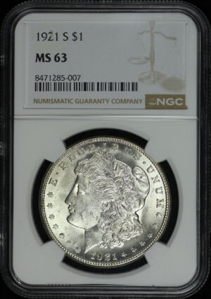 Obverse of this 1921-S Morgan Dollar NGC MS-63