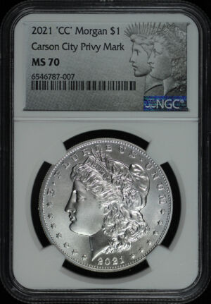 Obverse of this 2021-CC Morgan Dollar Carson City Privy Mark 100th Anniversary NGC MS-70